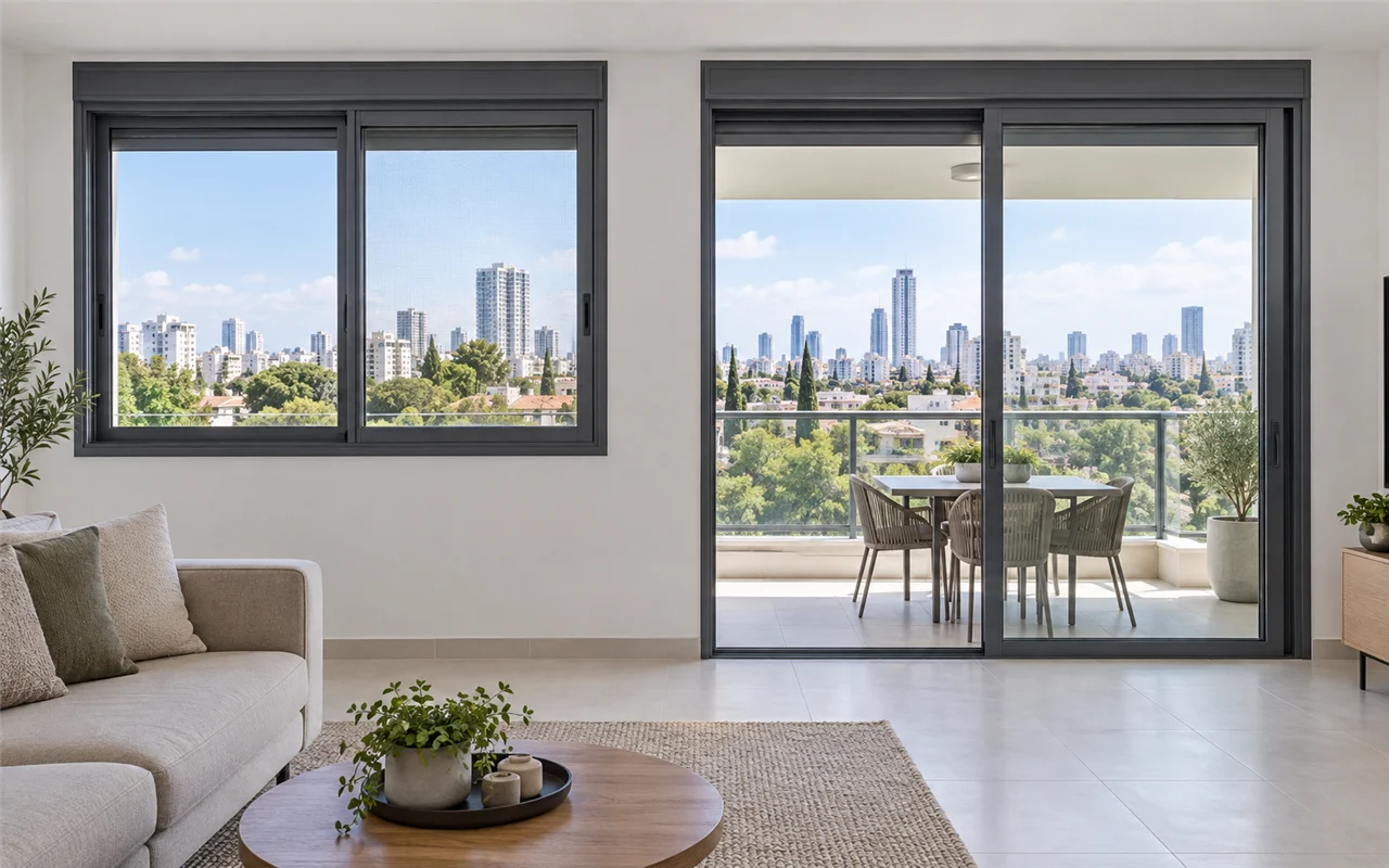 תמונה להמחשה: אותו סלון אחרי החלפה: חלונות אלומיניום אפורים עם פרופיל דק וזיגוג כפול, דלת הזזה רחבה למרפסת, תריסי גלילה חשמליים, רשת דקה, קירות לבנים ואדן נקי, אותו נוף