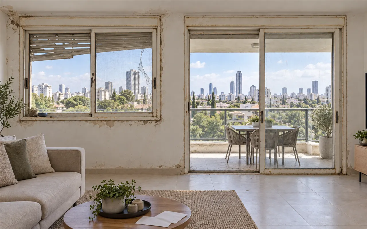 תמונה להמחשה: סלון לפני החלפת חלונות: חלונות אלומיניום לבנים ישנים עם מסגרות מצהיבות וסדוקות, זיגוג בודד, תריס פלסטיק שבור עם שלבים חסרים, רשת קרועה, כתמי רטיבות וצבע מתקלף סביב המשקוף