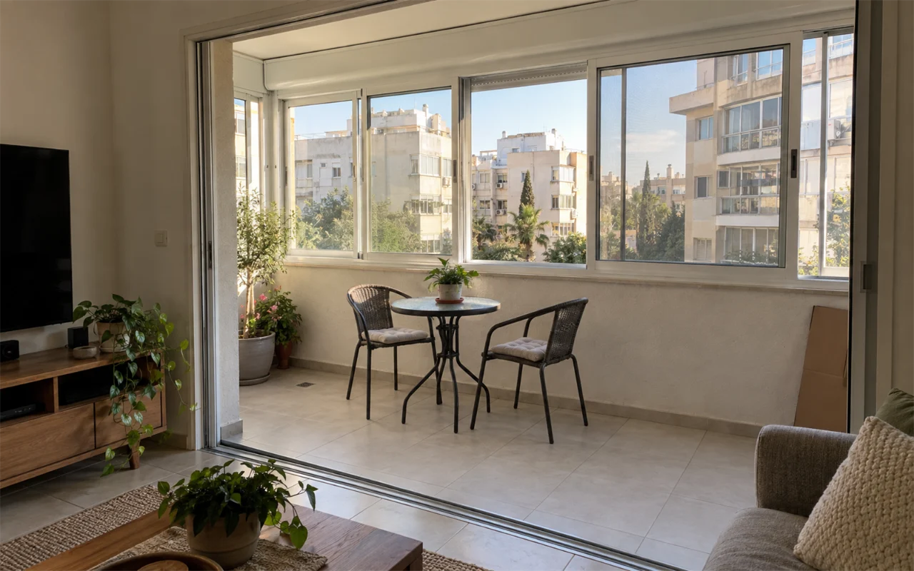 תמונה להמחשה: סלון בדירה עם דלת הזזה פתוחה אל מרפסת שמש שנסגרה בחלונות הזזה מאלומיניום לבן: שורת כנפי זכוכית שקופות מעל קיר המעקה הבנוי שנשאר במקומו, ארגז תריס לאורך התקרה, כנף אחת פתוחה עם רשת, ריצוף חוץ בהיר עם פתח ניקוז פנוי, שולחן קטן עם שני כיסאות ועציצים, ומבחוץ בנייני מגורים שחלק מהמרפסות בהם כבר סגורות
