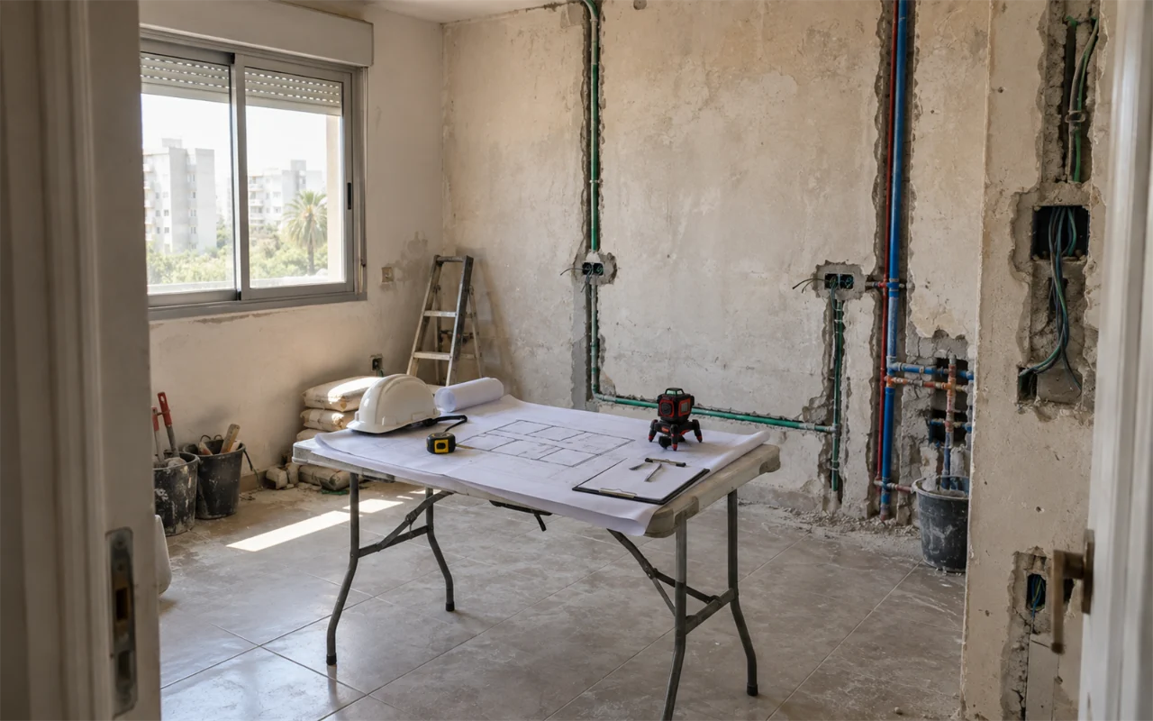 תמונה להמחשה: דירה בשיפוץ כפי שנראית מהדלת: קירות חשופים עם צנרת מים ושרוולי חשמל חדשים בחריצים, שולחן מתקפל במרכז ועליו תכנית קומה פרוסה, סרט מדידה, לוח כתיבה, קסדה ופלס לייזר, וחלון אלומיניום עם אור יום
