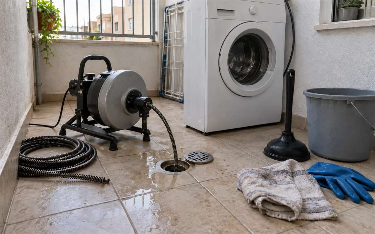 תמונה להמחשה: מרפסת שירות בדירה עם מכונת כביסה ואריחים בהירים: מכסה מחסום הרצפה מונח בצד, והכבל הקפיצי של מכונת קפיץ חשמלית עם תוף אפור-שחור מושחל לתוך פתח הניקוז; ליד הפתח שלולית קטנה, ובצד פומפה שחורה, דלי אפור, מגבת ישנה, כפפות גומי וסליל כבל רזרבי