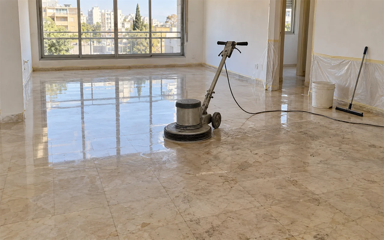תמונה להמחשה: סלון ריק בדירה ותיקה עם רצפת שיש בהירה באמצע ליטוש: מכונת ליטוש עם דיסק אחד עומדת במרכז, החצי שמאחוריה מבריק ומחזיר את אור החלון כמו מראה, והחצי שלפניה עדיין עמום ושרוט, עם קו גבול ברור ביניהם; תחתית הקירות והמשקוף מכוסים בניילון ובסרט הדבקה, ודלי ומגב ליד הקיר