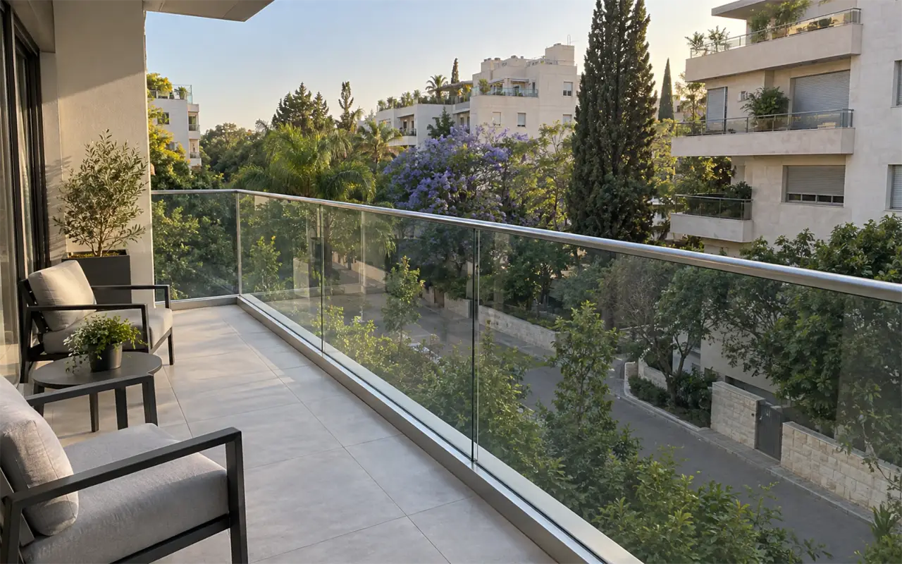 תמונה להמחשה: מרפסת בדירה עם מעקה זכוכית בלי עמודים: לוחות זכוכית שקופים בתעלת אלומיניום לאורך שפת המרפסת ומאחז יד דק מנירוסטה, ריצוף פורצלן בהיר, כורסאות גן ונוף לרחוב עם עצים ובנייני מגורים