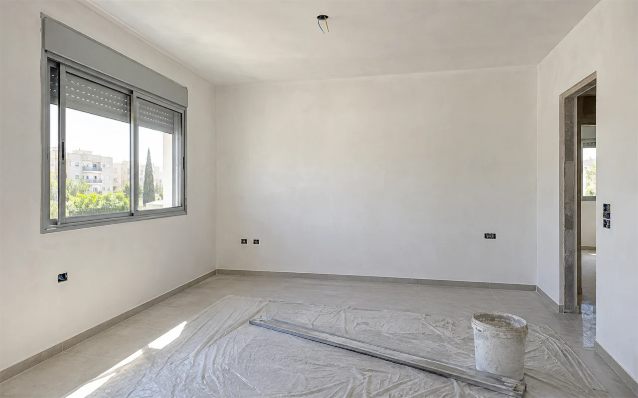 תמונה להמחשה: חדר ריק בדירה בזמן שיפוץ: קירות ותקרה בטיח גבס לבן וחלק שעדיין מתייבש, קופסאות שקעים פתוחות, נקודת תאורה בתקרה, סרגל אלומיניום ארוך ודלי על ניילון מגן על הרצפה