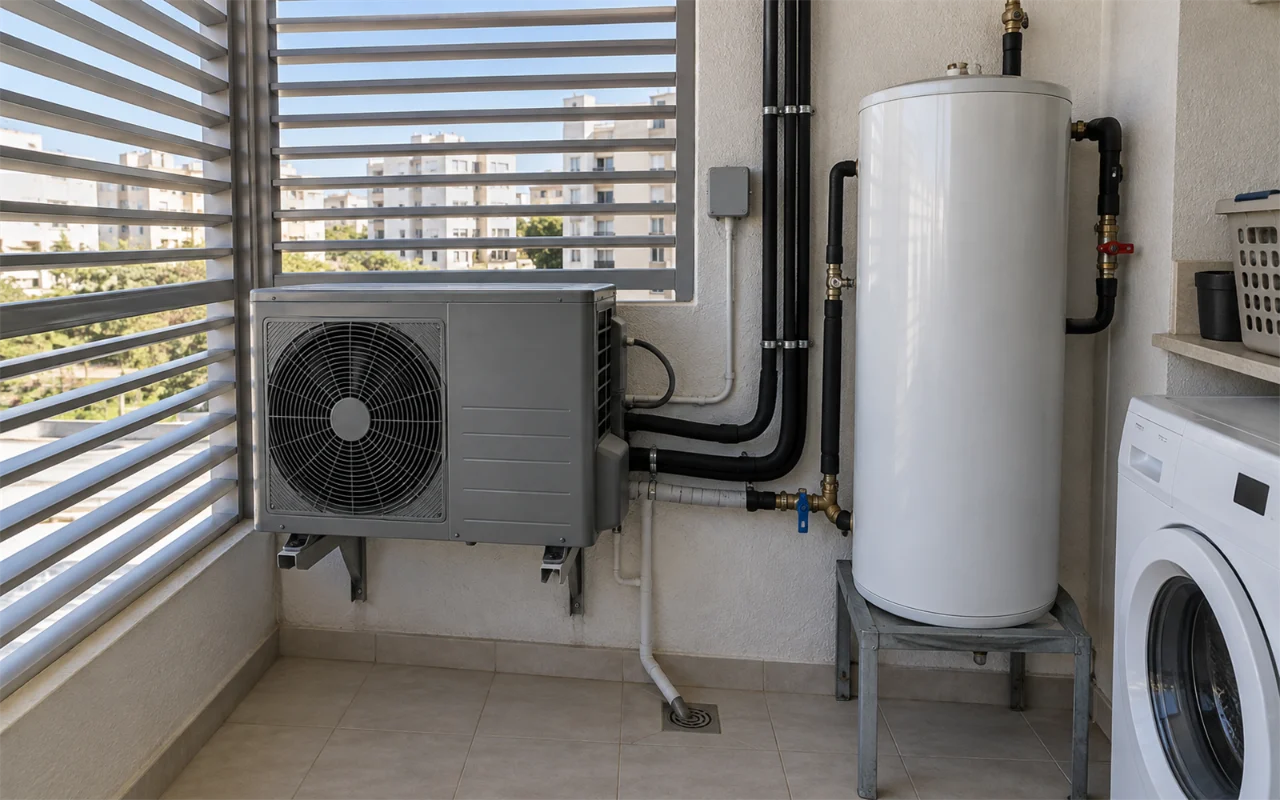 תמונה להמחשה: מרפסת שירות בדירה עם תריס רפפות אלומיניום: יחידת משאבת חום חיצונית על זיזים בקיר, צנרת מבודדת, צינור ניקוז עיבוי שיורד למחסום רצפה, ולידה מיכל מים חמים לבן על מעמד עם ברזי ניתוק, ומכונת כביסה בקצה