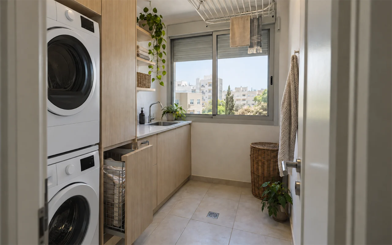 תמונה להמחשה: חדר כביסה קטן בדירה עם חלון אלומיניום: מכונת כביסה ומייבש זה מעל זה, ארון גבוה בגוון עץ בהיר עם סל כביסה נשלף, משטח צר עם כיור קטן, מדפים פתוחים, מחסום רצפה בריצוף בהיר ומתקן ייבוש בתקרה