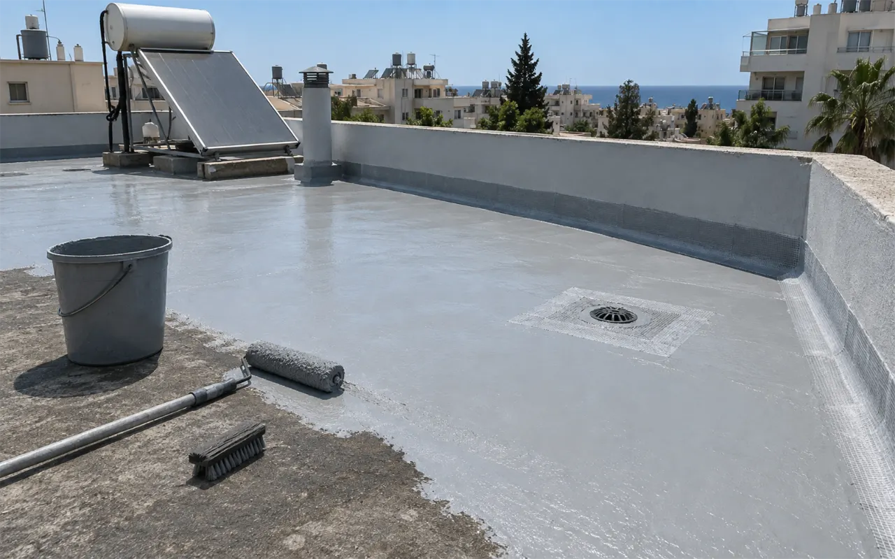 תמונה להמחשה: גג בטון שטוח של בניין מגורים בזמן איטום במריחה: רוב הגג מצופה בשכבה אפורה בהירה וחלקה שעולה גם על המעקה, רשת שריון סביב מחסום הניקוז ובפינת קיר-רצפה, פינה שעדיין לא נמרחה, דלי, רולר ומברשת, ודוד שמש ברקע