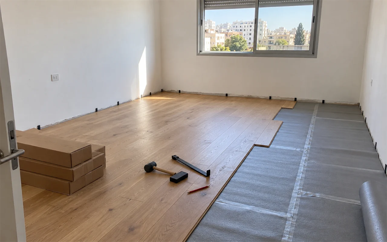תמונה להמחשה: חדר שינה ריק בדירה באמצע התקנת פרקט צף: לוחות עץ אלון בהיר ארוכים מכסים כשני שלישים מהרצפה, בשאר נראית יריעת ריפוד אפורה עם תפרים מודבקים מעל מדה חלקה, טריזי ריווח שחורים לאורך הקירות משאירים מרווח התפשטות, קרטונים של לוחות ליד הדלת, פטיש גומי, בלוק הקשה ומוט משיכה על הרצפה, וחלון אלומיניום עם תריס פתוח