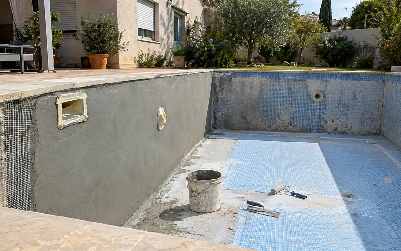 תמונה להמחשה: בריכת בטון ריקה בחצר בית פרטי בזמן חידוש: דופן אחת מצופה בשכבת איטום צמנטית אפורה עם רשת שריון בפינה, פתח הסקימר ופתח ההחזרה מכוסים בסרט, הדופן הרחוקה עדיין בפסיפס ישן ודהוי, והרצפה בחלקה בפסיפס תכלת, עם דלי, מאלג' ורולר