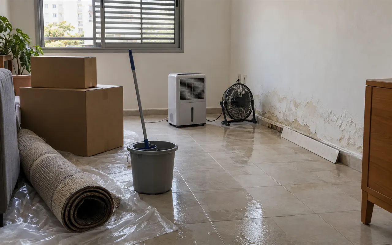 תמונה להמחשה: חדר בדירה יום אחרי נזילה, בזמן ייבוש וניקוי: כתם רטיבות ושפת מים בתחתית קיר לבן עם צבע מתנפח, פנל ריצוף שהוסר ונשען על הקיר, מייבש אוויר ומאוורר רצפה מכוונים לקיר, שטיח מגולגל וארגזים על יריעת ניילון, מגב ודלי