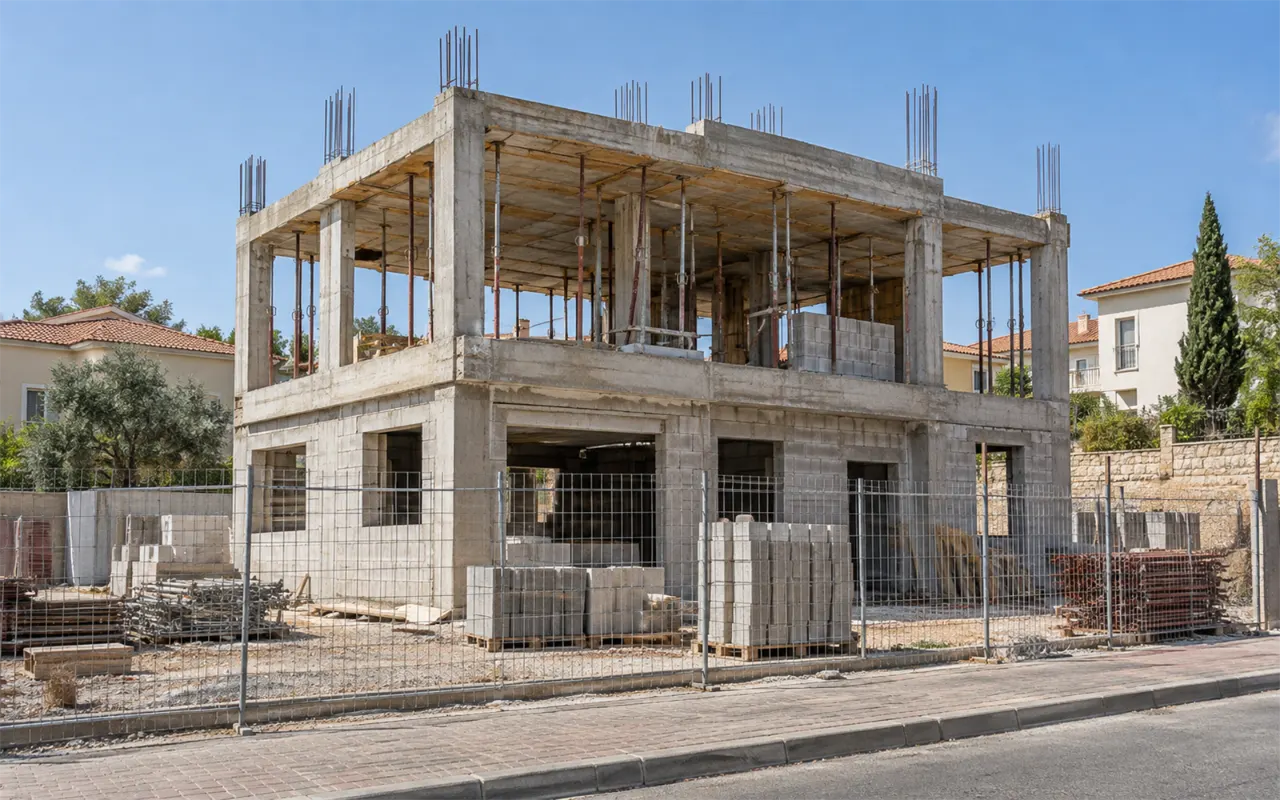 תמונה להמחשה: בית פרטי בבנייה במגרש בשכונה: שלד בטון בשתי קומות עם עמודים, קורות ותקרות, תמוכות פלדה מתחת לתקרה העליונה, קוצי ברזל בראשי העמודים, קירות בלוקים בחלק מקומת הקרקע, משטחי בלוקים וגדר אתר, ובתים גמורים ברקע