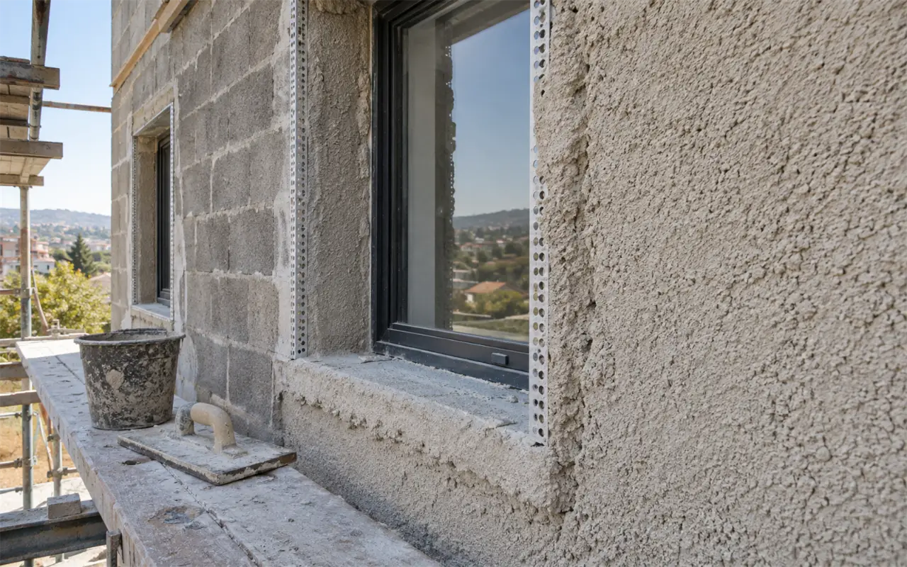 תמונה להמחשה: קיר בלוקים חיצוני של בית פרטי בזמן עבודות בידוד: בצד ימין שכבה עבה של טיח תרמי במרקם גס בגוון בז' אפרפר, ובצד שמאל בלוקים חשופים עם הרבצה, פינות מגן מתכת סביב החלון ועובי הטיח נראה באדן, ודלי ומאלג' על קרש פיגום